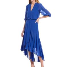 100% Polyester Imported Zipper Closure Elbow Sleeve V-Neck Waist Tie A-Line, High-Low Solid Chiffon Dress Size 8 New With Tag Bin 0070041 Spring V-neck Chiffon Cocktail Dress, Chiffon V-neck Dress For Work, Blue Flowy Chiffon Dress With V-neck, Blue Casual V-neck Chiffon Dress, Blue Chiffon Midi Dress With V-neck, Blue Chiffon V-neck Midi Dress, Chic Blue Midi-length Chiffon Dress, Chiffon V-neck Day Dress, Chic Blue Chiffon Midi Dress