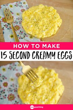 an egg is being spooned into a bowl with eggs on it and the words how to make 15 second cream eggs