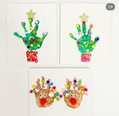 three handprints made to look like christmas decorations