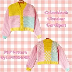 two knitted sweaters with different colors and patterns on the front, one in yellow and