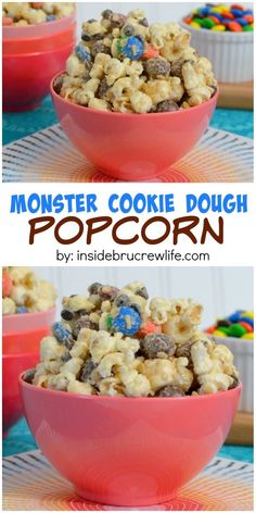 two bowls filled with monster cookie dough popcorn