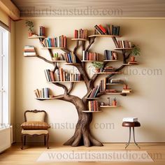 a tree with bookshelves on it in a room