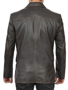 Our men's brown rub-off leather blazer is made with real lambskin leather and features a tailored fit, notch lapel, fully lined, and featuring three functional pockets. Wear it with jeans for a semi look or wear it with sleek trousers for a more formal ensemble. Specification: Material: Real Leather, soft polyester lining with quilted foam Front: Notch Lapel, Two Button Closure Pockets: One Chest Pocket, Two Flap Pockets, and Two Inner Pockets Color: Ruboff Brown Fitted Leather Single-breasted Sport Coat, Fitted Single-breasted Leather Sport Coat, Luxury Double-breasted Leather Blazer, Lambskin Leather Blazer, Brown Leather Single-breasted Blazer, Long-sleeved Leather Sport Coat With Pockets, Black Leather Jacket Men, Shearling Jacket Women, Leather Jacket With Hood