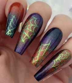 Halloween Spider Web Nail Designs, Black With Foil Nails, Scary Nails Designs, Blacklight Nails, Halloween Nails Acrylic Coffin, Glamgoth Nails, Ongles Halloween, Spider Web Nails, Web Nails