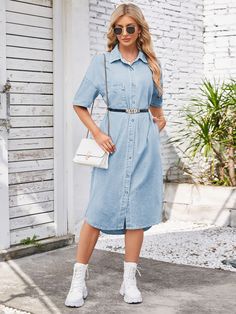 Features: Pocketed, Buttoned  Stretch: No stretch  Material composition: 95% rayon, 5% polyester  Care instructions: Machine wash cold. Tumble dry low.  Imported  Product measurements: S:Bust 43.31 in, Shoulder 25.20 in, Length 44.88 in, Sleeve Length 7.48 in M:Bust 45.28 in, Shoulder 25.59 in, Length 45.28 in, Sleeve Length 7.87 in L:Bust 47.24 in, Shoulder 25.98 in, Length 45.67 in, Sleeve Length 8.27 in XL:Bust 49.21 in, Shoulder 26.38 in, Length 46.06 in, Sleeve Length 8.66 in Denim Dress Pattern, Jeans Dresses For Women, Jeans Dress Outfit, Emma Darcy, Casual Denim Dress, Shirt Dress For Women, Maternity Intimates, Denim For Women, Frock Designs