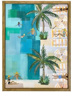 a painting with people swimming and palm trees