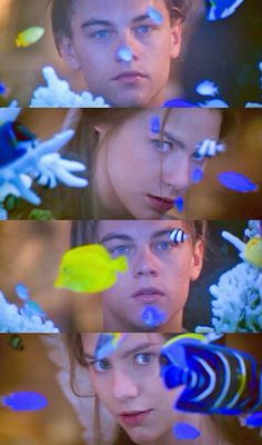 three different shots of a man and woman with blue, yellow and white confetti on their faces