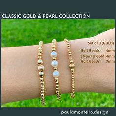 PEARL AND GOLD FILLED BRACELET Thanks for choosing us ! I am sure you will LOVE our PM DESIGN Collection! * Classic Gold Filled Bracelet 4mm ( corrugated ball Bead in the center 6mm) * Classic Gold Filled Bracelet 3mm ( corrugated ball Bead in the center 5mm) * Classic Gold Filled Bracelet 4mm with 5 Fresh Water Pearls * Classic Gold Filled Bracelet 4mm with 3 Fresh Water Pearls SEE our Mix gold & sterling silver ( go to our store * Stretch to fit perfectly ! * * If you want a size that is n Gold Bracelets With Pearl Charm For Anniversary, Gold Bracelet With Pearl Charm For Anniversary, Hypoallergenic Gold Bracelets For Bridesmaids, Gold Beaded Bracelets With Round Beads As Bridesmaid Gift, Adjustable Gold Plated Beaded Bracelets For Wedding, Gold Dainty Beaded Bracelets For Bridesmaid Gift, Gold Pearl Bracelet For Anniversary, Dainty Gold Beaded Bracelets For Bridesmaids, Delicate Gold Pearl Bracelet For Anniversary