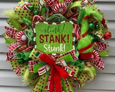 Christmas Wreath, Green and Red Candy Wreath, Whimsical Holiday Porch Decor, Winter Mantle Display - Etsy Diy Grinch Wreaths For Front Door, Holiday Wreaths For Front Door, Grinch Christmas Wreaths, Grinch Wreaths Christmas, Grinch Wreath Ideas, Grinch Wreath Diy, Grinch Door Decorations, Grinch Christmas Wreath, Monster Decor