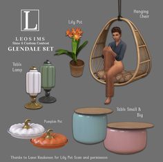 a woman sitting in a hanging chair surrounded by various items for her body and legs