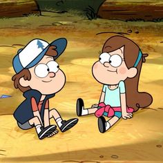 two cartoon characters are sitting on the ground