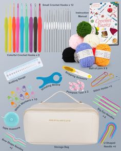 an assortment of crochet supplies including knitting needles, scissors, and yarn balls