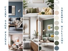 a collage of living room and dining rooms in shades of blue, green, gray, yellow