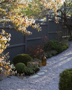 an outdoor garden with gravel path and trees