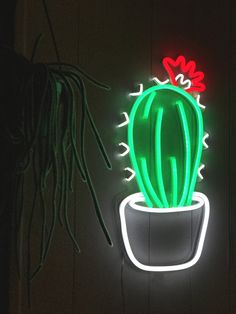 a green cactus in a white pot with red flowers on it's head is lit up