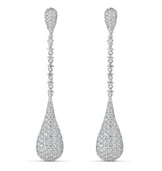 18kt White Gold Diamond Dangling Earrings (2.70 ctw) Luxury White Diamond Dangle Earrings, Luxury Pear-shaped Diamond White Chandelier Earrings, Luxury Diamond White Linear Earrings For Formal Events, Luxury White Gold Teardrop Earrings Fine Jewelry, Luxury White Gold Dangle Jewelry, Luxury White Dangle Linear Earrings, Dazzling Dangle Diamond Earrings With Pave Setting, Wedding Dangle Jewelry With Pave Setting, Pave Setting Drop Wedding Jewelry