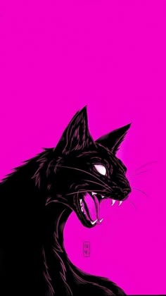 a black cat with it's mouth open on a pink background