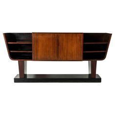 an art deco sideboard with two doors on the front and one door open to reveal a shelf