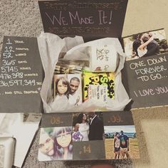 a couple's wedding gifts are laid out on the floor next to their pictures