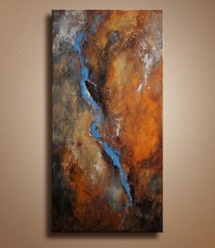 an abstract painting with blue and orange colors