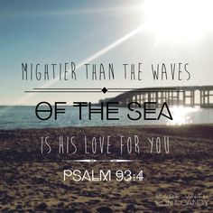 the sun shines brightly over a beach with a pier in the background and bible verse