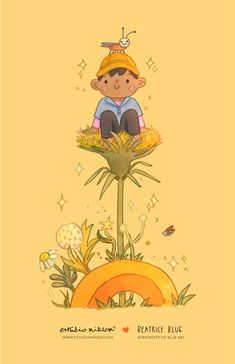 a child's book with an illustration of a boy sitting on top of a plant