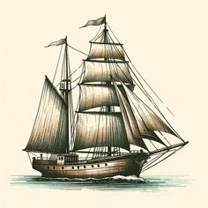 a drawing of a sailing ship in the ocean