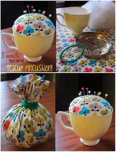 four pictures showing how to make a teacup pincushion with fabric and buttons