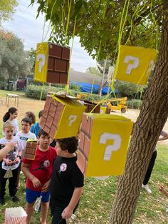 some kids are standing in the grass near a tree with question signs hanging from it