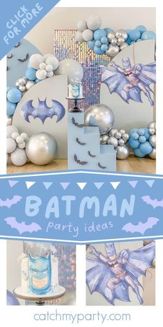 a batman party with balloons and decorations on the table, including an image of a bat