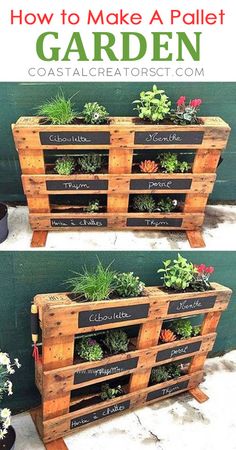 two wooden pallet planters with plants in them and text overlay that says how to make a pallet garden