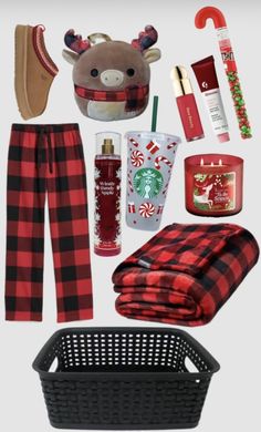 the contents of a christmas gift bag including plaid pants, boots and other items are shown