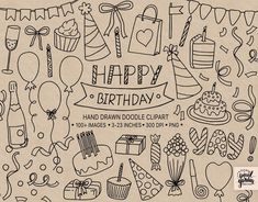 happy birthday hand drawn doodle clipart with balloons, cake, gifts and other items