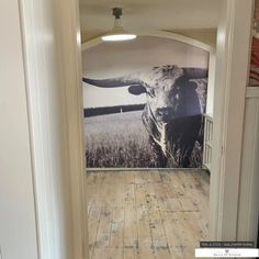 an open door leading to a hallway with a cow mural on the wall and wood flooring