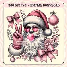 a christmas card with a santa clause holding up the peace sign and wearing pink sunglasses