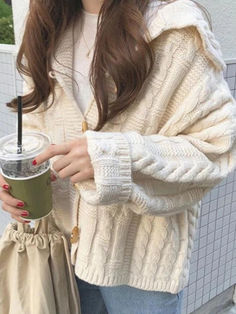 Solid Cable Knit Horn Buckle Hooded Cardigan - AnotherChill Beige Coat, Cardigan Casual, Sailor Collar, Collar Cardigan, Beige Cardigan, Hooded Cardigan, Cable Knit Cardigan, Outfits Winter, 가을 패션