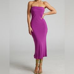 Brand New Runaway The Label - Leila Rayon Dress In Orchid, Size Xs. This Midi Has A Strapless Straight Neck With A Fold-Over Finish, Figure Skimming Fit And A Bias Cut Hem. It's A Timeless Staple That Is Perfect For The Spring And Summer, And It Can Easily Be Dressed Up Or Down Depending On The Occasion. Wear It For A Cocktail Party With Some Bright Heels, Statement Jewellery And Add A Clutch For A Stunning Look! Product Details Invisible Zipper On The Centre Back Straight Neckline With Fold-Ove Purple Strapless Midi Dress For Night Out, Purple Strapless Midi Dress For Date Night, Strapless Purple Midi Dress For Date Night, Purple Midi Length Slip Dress For Night Out, Bright Heels, Runaway The Label, Orchid Purple, Statement Jewellery, Straight Neckline