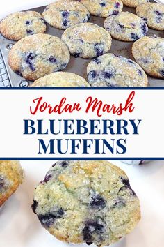 blueberry muffins on a baking sheet with the title above it