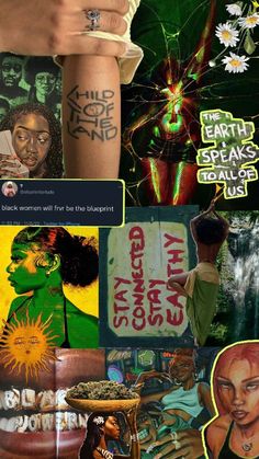 a collage of photos with various pictures and words on them, including an image of a woman's arm