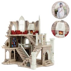 a toy castle with stairs and fire place