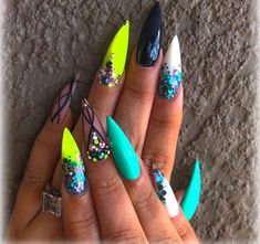 Neon Bling Nails, Interior House Design, Pointy Nails, Gel Nail Art Designs, Coffin Shape Nails, Get Nails, Neon Nails