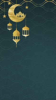 a blue background with gold lanterns and a crescent