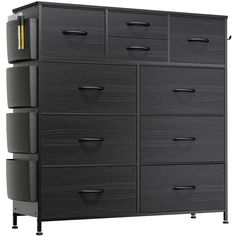 an image of a black dresser with drawers on it's front and bottom sides