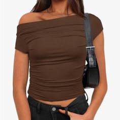 Darong Women's Summer Cap Sleeve Boat Neck Off Shoulder Top Going Out Slim Fit Tops Y2k Tight Shirts Casual One-shoulder Top In Plain Color, Casual Solid Color One Shoulder Top, Casual Fitted One Shoulder Top, Casual Solid Color One-shoulder Top, Stretch Brown Tops For Day Out, Casual One Shoulder Fitted Top With Short Sleeve, Casual Fitted One Shoulder Top With Short Sleeve, Solid Off-shoulder Fitted Top, Casual One-shoulder Fitted Top With Short Sleeve