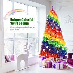 a colorful christmas tree in the corner of a room with presents under it and an ad for unique colored swirl design