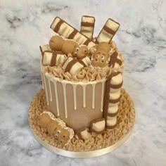 there is a cake decorated with chocolate and marshmallows