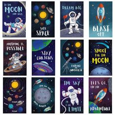 six space themed posters with astronauts and planets