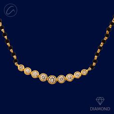 This 18k gold Mangal Sutra is a stunning blend of tradition and luxury, featuring a gorgeous graduating diamond design. Weighing 6.2 grams, the necklace is crafted from radiant yellow gold and adorned with 0.47ct of round brilliant cut diamonds of G-H color and VS quality, complemented by classic black beads. The necklace measures 20 inches in length with 1-inch adjustable links and is secured with a hook lock. Certified by GGL (Certificate No. J2308281052), this Mangal Sutra is perfect for thos Uncut Diamond Mangalsutra, American Diamond Mangalsutra, Luxury Traditional Yellow Gold Mangalsutra, Luxury Elegant Diamond Mangalsutra, Diamond Mangalsutra Tanishq, Luxury Traditional Gold Mangalsutra, Mangal Sutra, A Hook, Diamond Design