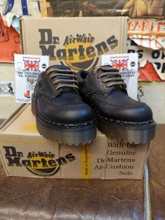 These are an older and extremely rare pair of Dr Martens shoes  This particular model was made in the 1990s at the original factory in Northampton, England. They are a 4 eyelet shoe that has a padded collar, stitch details on their side and a chunky platform sole unit. A brilliant and unique pair of Dr Martens. These are a UK size 4, European 37, ladies USA 6 Northampton England, Character Board, Original Character, Dr Martens Shoes, Martens Shoes, Chunky Platform, Dr. Martens, Boot Shoes Women, Womens Boots