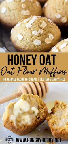 honey oat muffins with white frosting on top and the title overlay